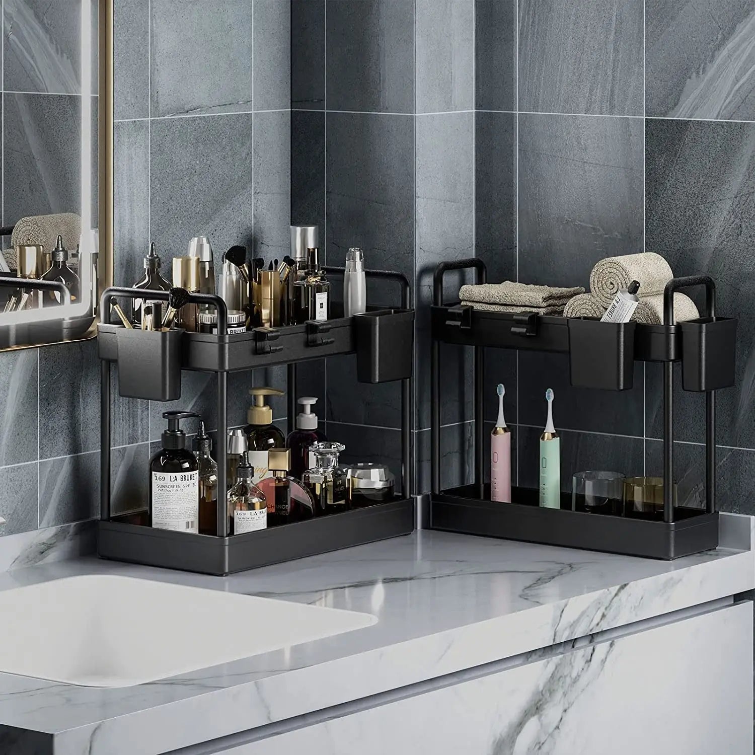 2 Pack under Sink Organizers and Storage, 2 Tier Kitchen Cabinet Organizer with Cups and Hooks, Desktop Kitchen Organization, Black Multi-Purpose Bathroom under Sink Shelf Organizer Basket